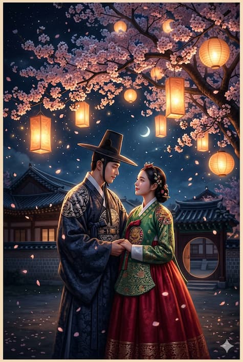 Pareja de drama historico coreano bajo cerezos en flor de noche