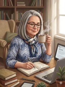 Mujer escribiendo una reseña de doramas asiáticos frente a su computadora para el blog de QiDramaWorld.