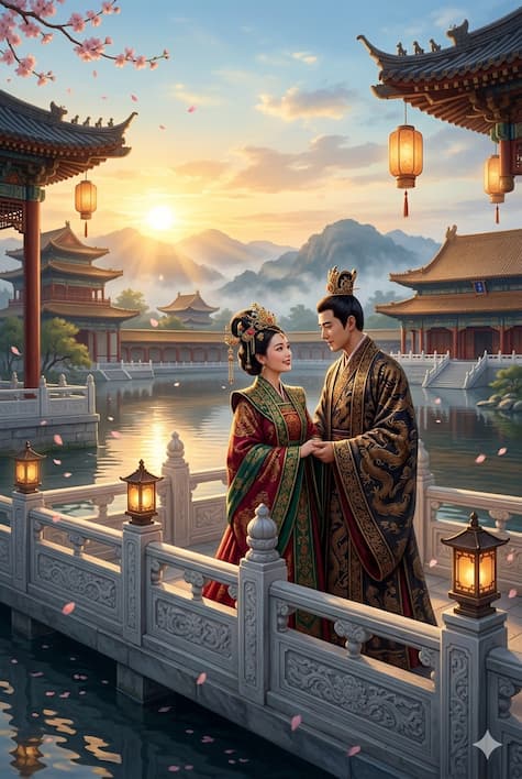 Emperador y emperatriz de drama historico chino en puente de marmol al atardecer
