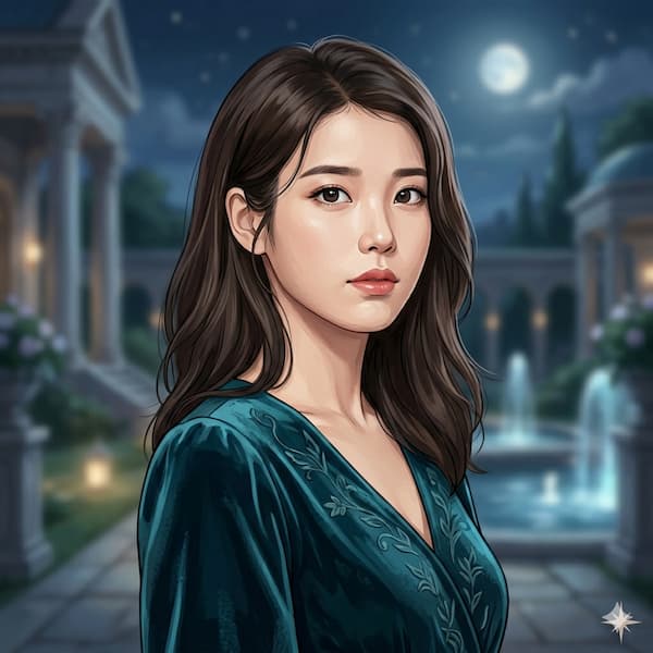 Retrato digital de IU, actriz y cantante coreana, en un escenario nocturno con arquitectura clásica