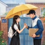 Ilustración digital de los protagonistas Byeon Woo-seok y Kim Hye-yoon bajo un paraguas amarillo en una escena nostálgica del drama Lovely Runner