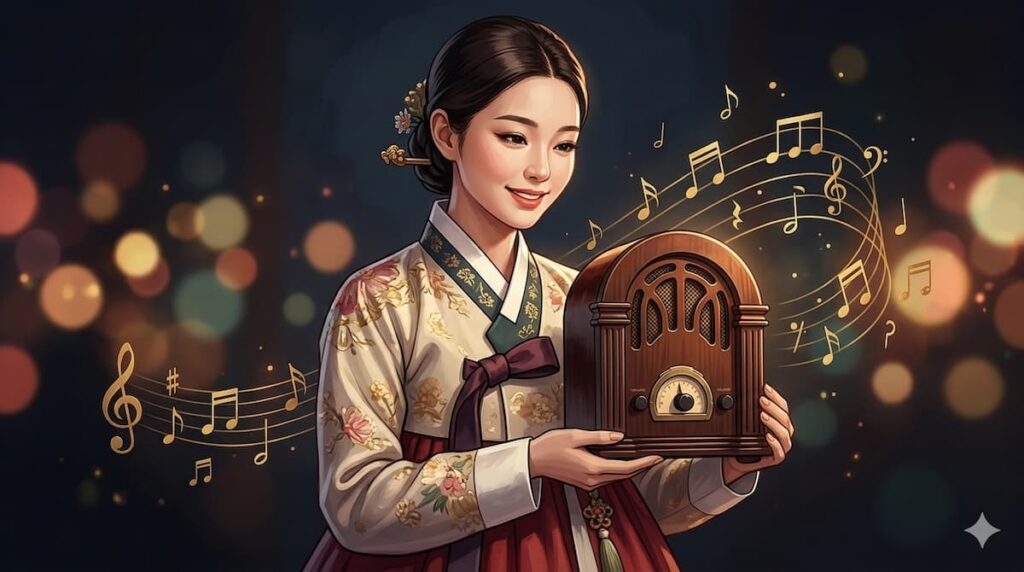 Mujer asiática elegante vistiendo hanbok tradicional mientras sostiene una radio vintage con notas musicales doradas flotando, estilo ilustración digital.