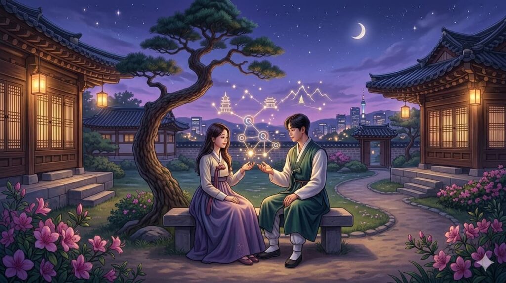 Pareja joven con ropa tradicional coreana sentada en un jardín tradicional bajo las estrellas, estilo ilustración digital.
