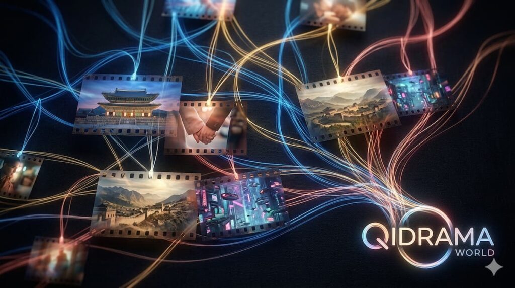 Ilustración conceptual de hilos de luz entrelazados conectando escenas de dramas asiáticos y globales, culminando en el logotipo de QiDramaWorld sobre un fondo oscuro.