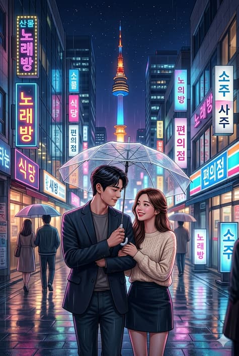 Pareja joven de drama coreano moderno caminando bajo la lluvia en Seul de noche