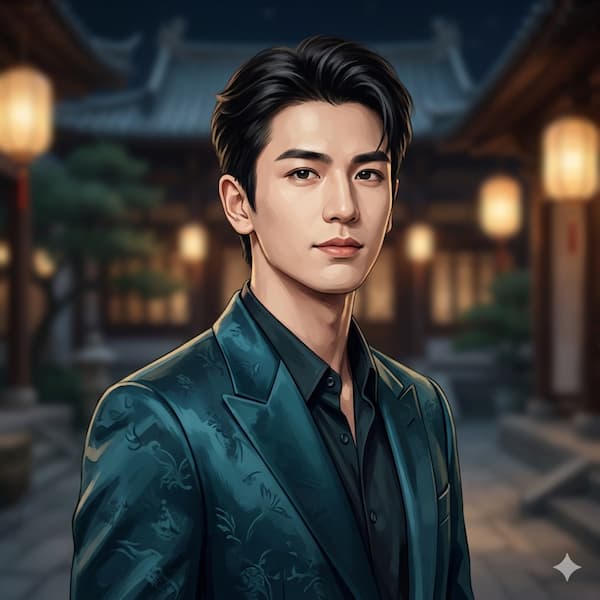 Retrato digital de alta calidad del actor chino Zhang Linghe en un entorno de estilo tradicional