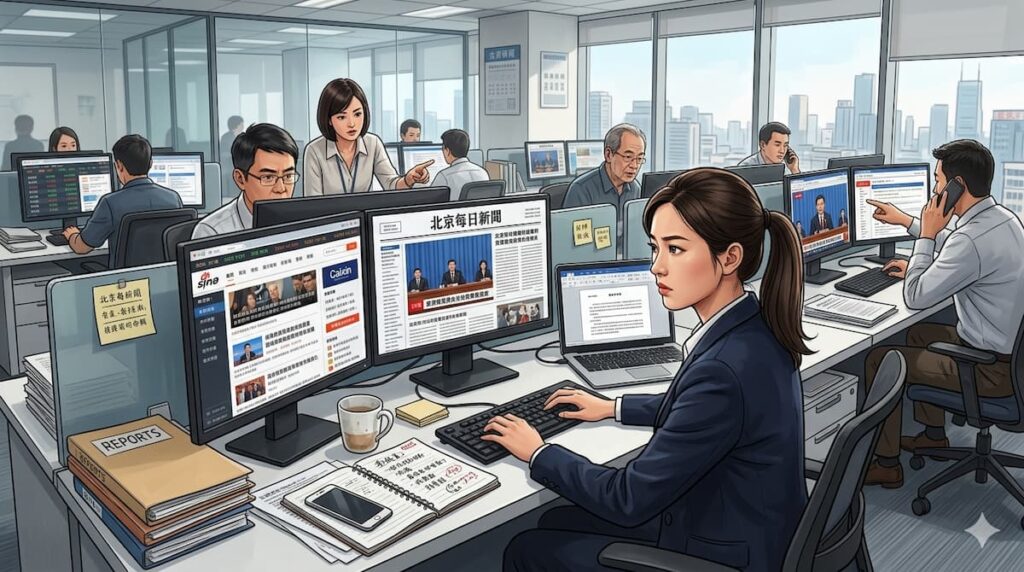 "Escena de Zheng Shu Yi en su oficina como periodista financiera buscando la exclusiva de Shi Yan en análisis de Solo por Amor 2023"