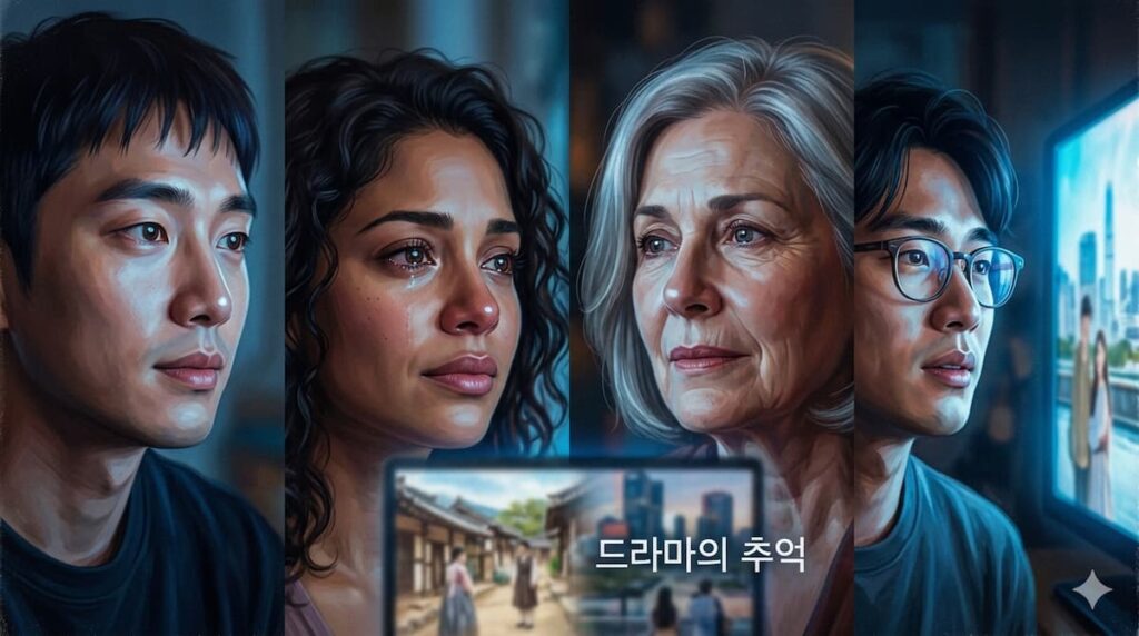 Collage artístico de rostros diversos de distintas etnias viendo una pantalla de drama coreano con expresiones de nostalgia y emoción bajo una luz azul tenue