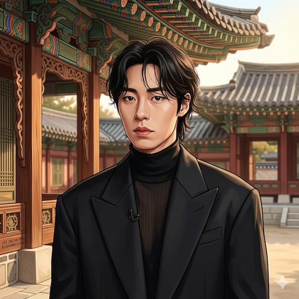 Ilustración del actor coreano Lee Jae-wook vistiendo traje negro elegante frente a un edificio tradicional coreano (Hanok).