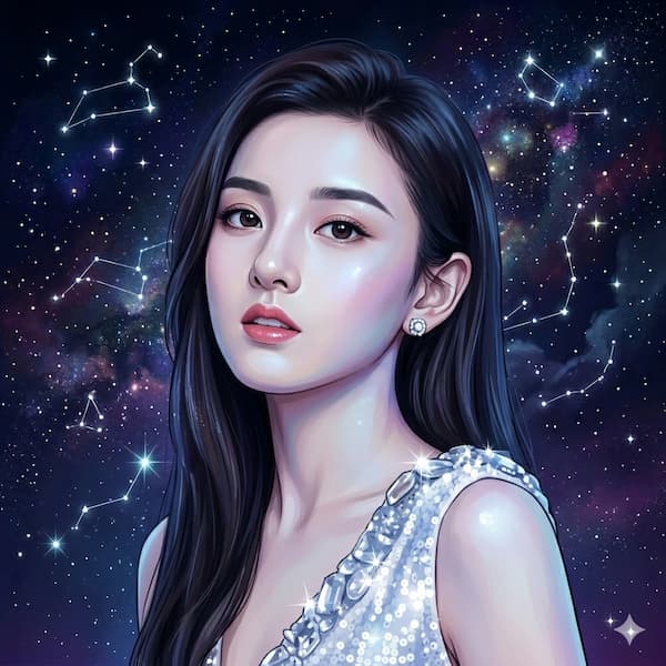Retrato de una joven actriz de rasgos asiáticos con cabello largo y oscuro, luciendo un vestido brillante con lentejuelas, posando frente a un fondo de galaxia con nebulosas y constelaciones luminosas.