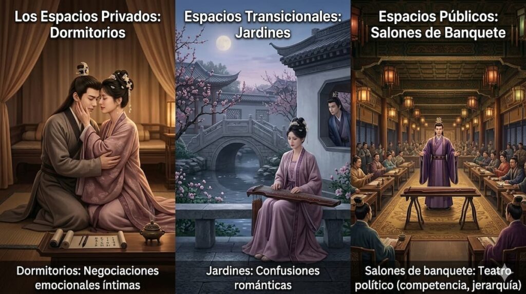 Infografía comparativa que muestra tres escenarios de dramas históricos chinos: dormitorios para intimidad, jardines para romance y salones de banquetes para teatro político.