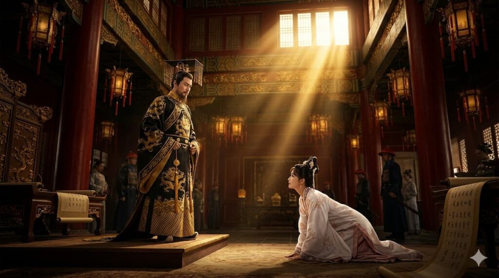 Un emperador chino vestido con túnica negra y dorada de pie, observando a una mujer arrodillada ante él en un palacio iluminado por rayos de luz.