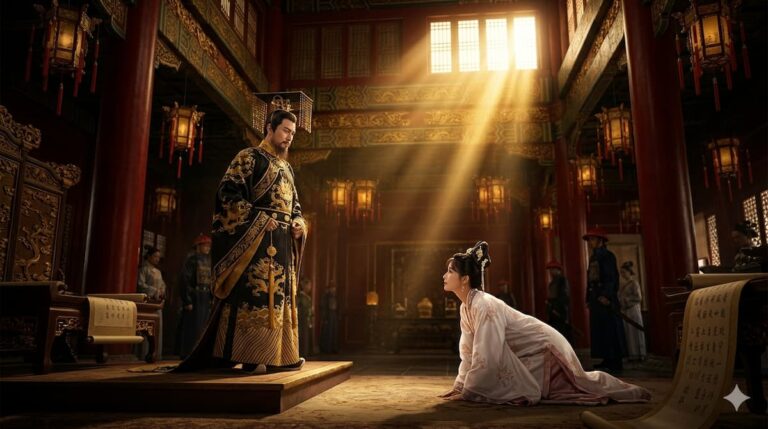Un emperador chino vestido con túnica negra y dorada de pie, observando a una mujer arrodillada ante él en un palacio iluminado por rayos de luz.