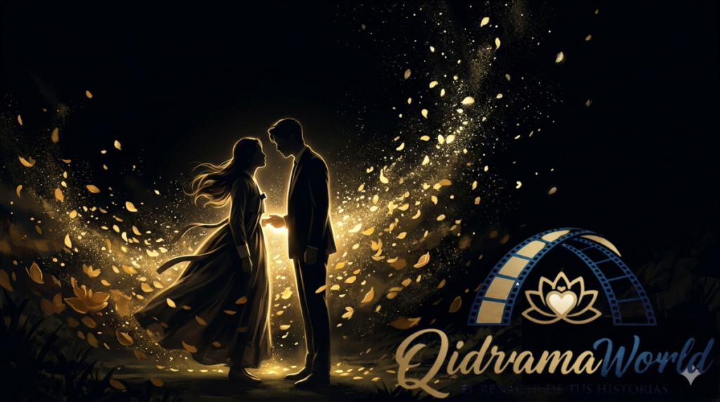Pareja asiática en silueta rodeada de pétalos de loto dorados flotantes – cabecera del blog de reseñas de dramas asiáticos QiDramaWorld