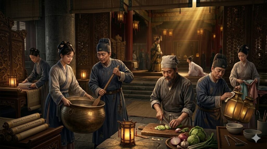 Un grupo de sirvientes y cocineros trabajando en una cocina tradicional china, preparando ingredientes y limpiando, con el palacio imperial al fondo.