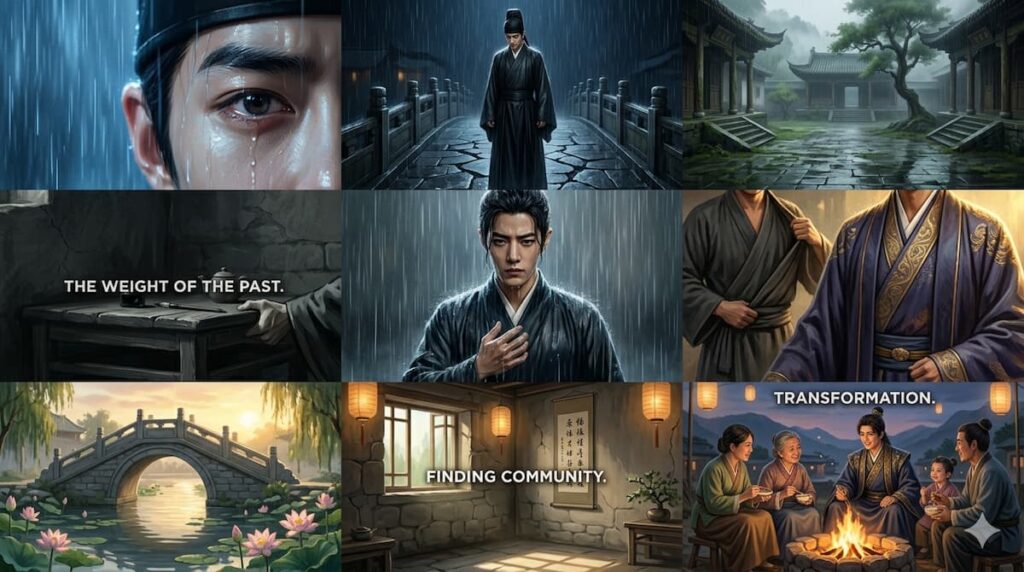 Collage de nueve paneles que ilustra diferentes escenas de un drama histórico chino, mostrando momentos de llanto bajo la lluvia, soledad, reflexión y finalmente integración comunitaria alrededor de una hoguera.