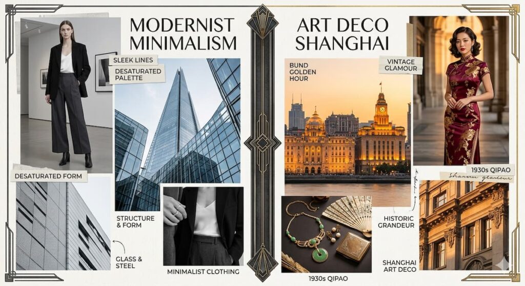 Infografía comparativa que muestra el minimalismo modernista con líneas limpias y paleta desaturada frente a la elegancia del Art Déco de Shanghái con qipao vintage y arquitectura histórica.