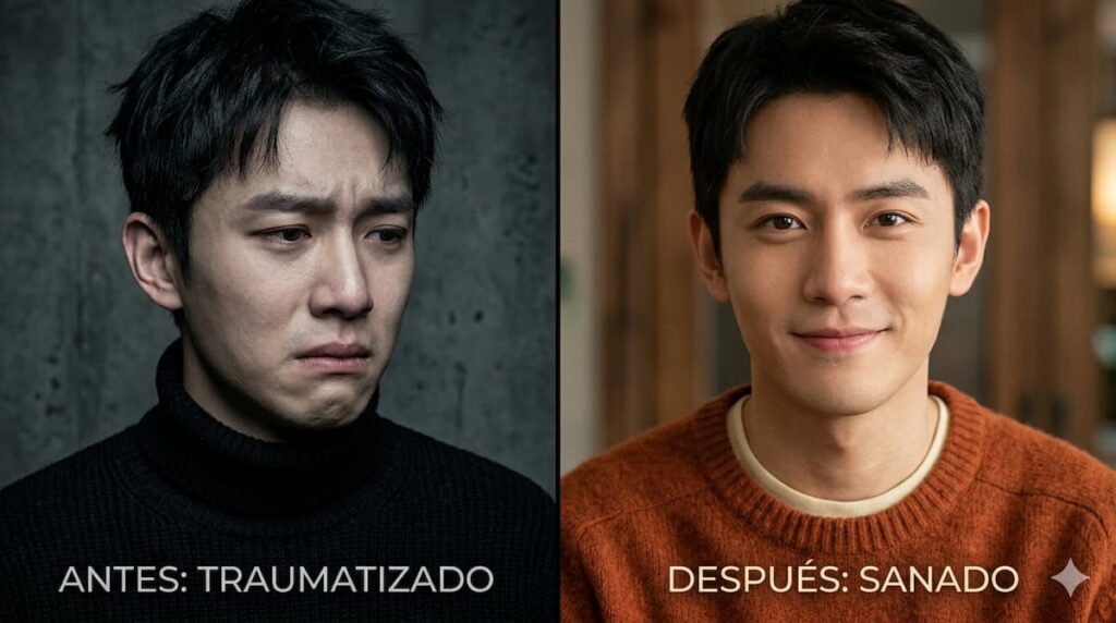 Imagen dividida en dos: a la izquierda, un joven visiblemente triste y angustiado bajo un fondo gris oscuro ("Antes: Traumatizado"); a la derecha, el mismo joven con una expresión serena y una sonrisa cálida ("Después: Sanado").