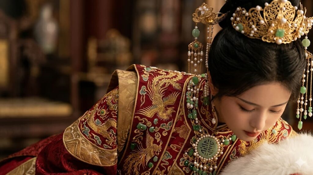 Primer plano de una mujer vistiendo una túnica ceremonial roja bordada con motivos de fénix y adornada con joyas de oro, perlas y jade.
