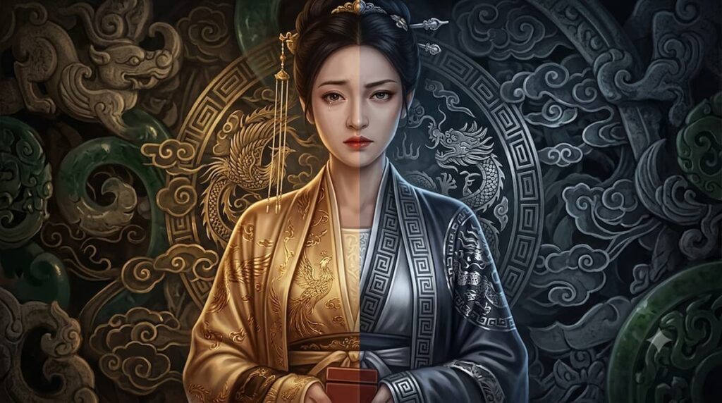 Una mujer con un rostro dividido muestra dos lados: uno dorado con motivos de fénix y otro oscuro con un dragón, simbolizando la dualidad en una serie dramática.