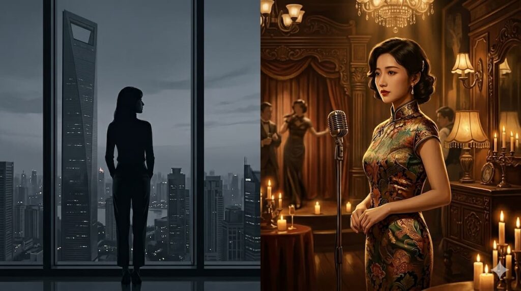 Diseño de pantalla dividida mostrando la silueta solitaria de una mujer ante un rascacielos de Shanghái moderno y, a la derecha, la misma mujer con qipao vintage en un cabaret de los años 30