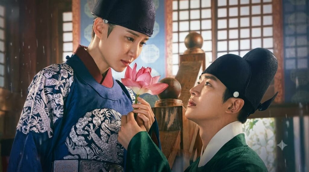Escena emotiva entre Park Eun-bin como Lee Hwi y Rowoon como Jung Ji-woon en El afecto del rey, mostrando la tensión romántica del drama