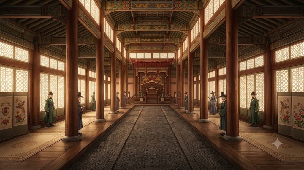 Interior del palacio Joseon en El afecto del rey mostrando la arquitectura tradicional coreana y la escenografía que refleja el entorno político