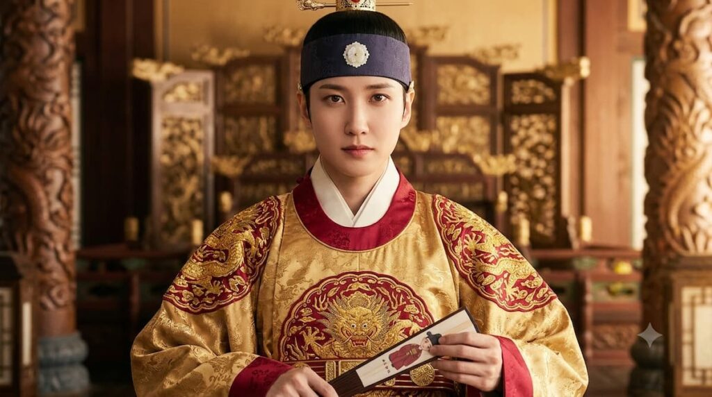 Detalle del vestuario de la corte en El afecto del rey mostrando las prendas doradas y formales del príncipe Lee Hwi en el palacio Joseon