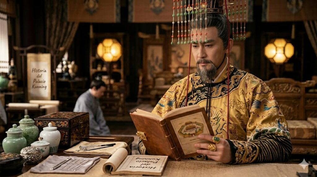 Emperador chino con túnica amarilla y dorada leyendo un libro antiguo sobre el Palacio Kunning en su escritorio imperial.