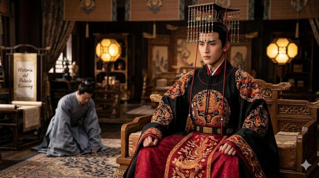 Emperador chino vestido con traje ceremonial Mianfu de colores rojo y dorado, sentado en el trono mientras un súbdito se arrodilla ante él.