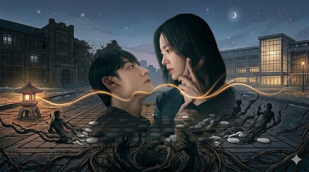 Ilustración dramática de una pareja protagonista frente a un tablero de Go con elementos de fantasía y edificios escolares de fondo.