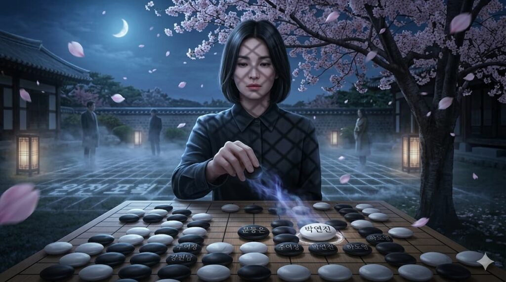 Mujer concentrada jugando una partida de Go con piezas marcadas en un entorno nocturno bajo un árbol de cerezo.