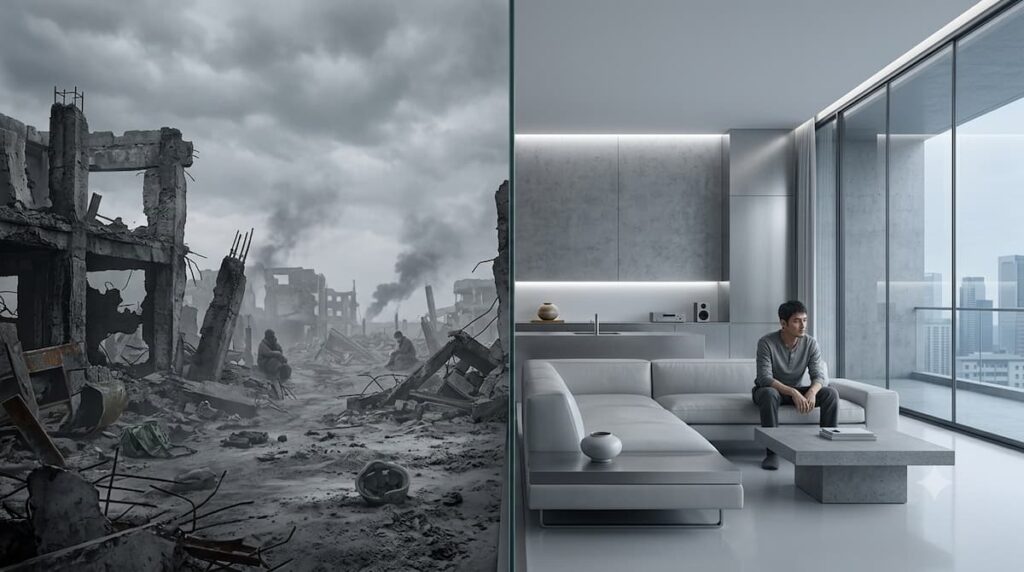 Contraste visual entre zona de guerra y apartamento urbano en El Olivo Blanco, representando conflicto psicológico