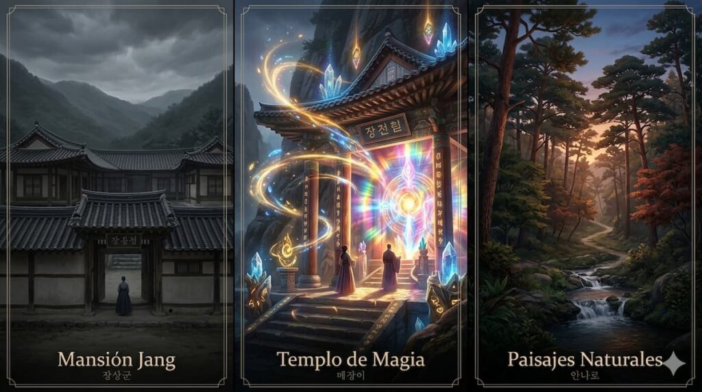 Escenarios principales de Alquimia del alma incluyendo Mansión Jang, Templo de Magia y paisajes naturales coreanos, drama coreano análisis 2022