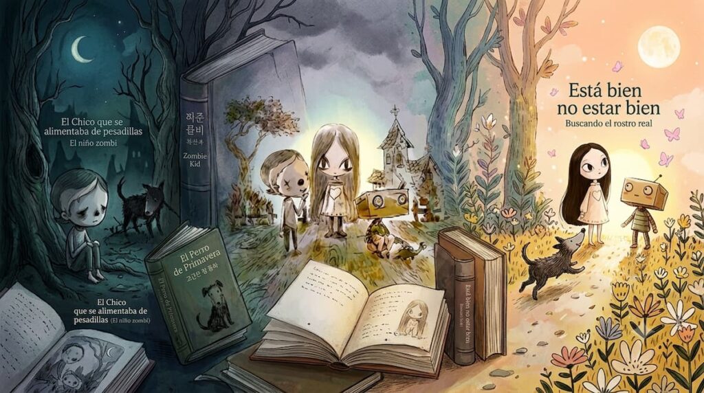 Portadas e ilustraciones de los cinco libros de cuentos de hadas creados para Está bien no estar bien por el ilustrador Jamsan