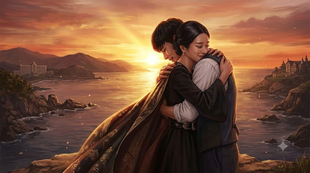 Escena emocional final de Está bien no estar bien mostrando el crecimiento y sanación de los personajes principales