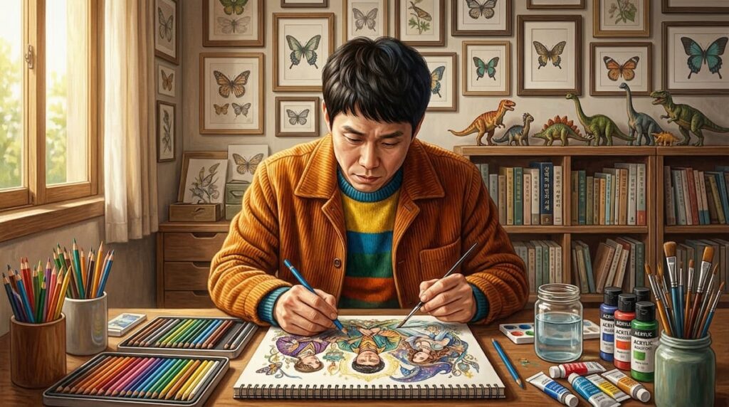 Oh Jung-se interpretando a Moon Sang-tae en el drama Está bien no estar bien, mostrando sus dotes como ilustrador