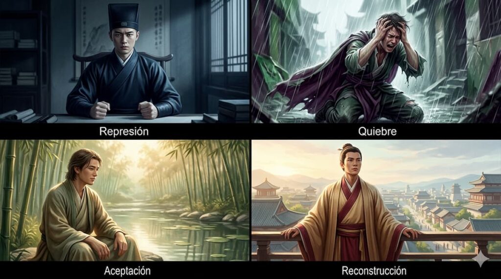 Composición de cuatro paneles que muestran a un protagonista en distintas etapas: represión, quiebre emocional bajo la lluvia, aceptación en un bosque de bambú y reconstrucción frente a una ciudad histórica.