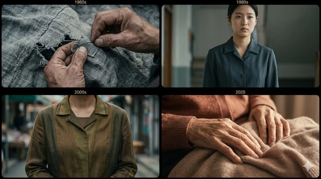 Secuencia fotográfica de cuatro paneles mostrando la evolución del vestuario coreano desde 1960 con ropa remendada hasta 2025 con texturas modernas.
