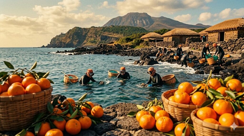 Ilustración vintage de mujeres buceadoras coreanas (haenyeo) trabajando en el mar junto a una costa rocosa y casas tradicionales, con cestas llenas de mandarinas frescas en primer plano.