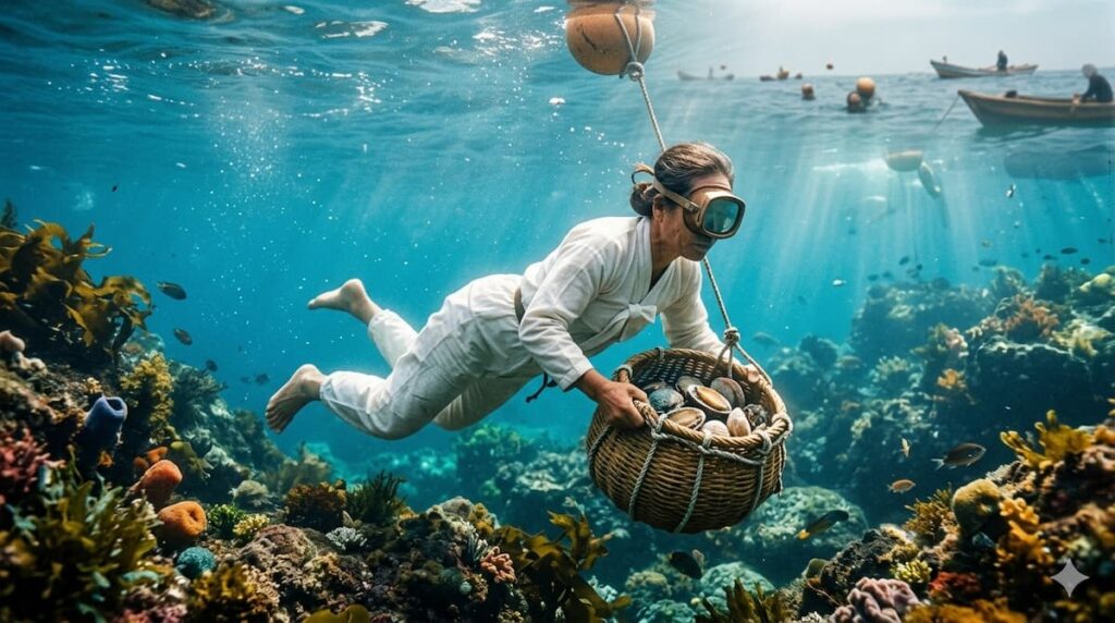 Buceadora Haenyeo de la isla de Jeju sumergida en aguas cristalinas, sosteniendo una cesta con mariscos durante una inmersión tradicional sin equipo moderno.