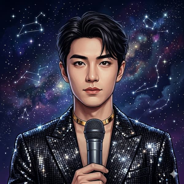 Primer plano de un joven artista con rasgos asiáticos, vistiendo un traje negro con lentejuelas brillantes y una gargantilla dorada, sosteniendo un micrófono frente a un fondo de galaxia con constelaciones.