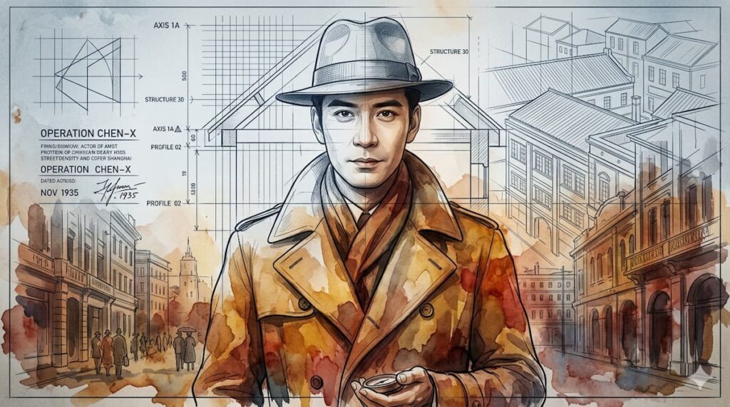 Ilustración digital de un hombre estilo Chen Xingxu como espía de 1930, combinando líneas de dibujo arquitectónico con acuarelas cálidas sobre un fondo de calle antigua.
