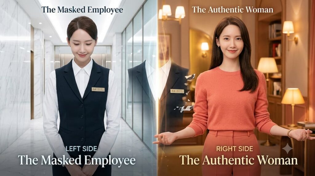 Im Yoon-ah como Cheon Sa-rang mostrando su evolución desde el uniforme de empleada hasta su autenticidad personal en King the Land drama 2023
