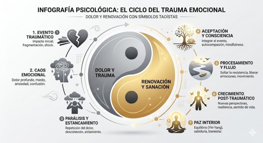 Infografía psicológica que detalla un ciclo de siete etapas sobre el trauma emocional, utilizando el símbolo del Yin-Yang para dividir el proceso entre "Dolor y Trauma" y "Renovación y Sanación".