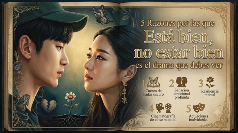 Infografía artística sobre el drama coreano "Está bien, no estar bien" que muestra a los protagonistas y lista cinco razones clave para ver la serie.