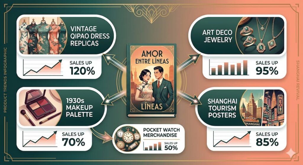 Infografía de estilo vintage que muestra el crecimiento en ventas de productos temáticos de Shanghái, incluyendo réplicas de qipao, joyería Art Déco, maquillaje retro y carteles turísticos.