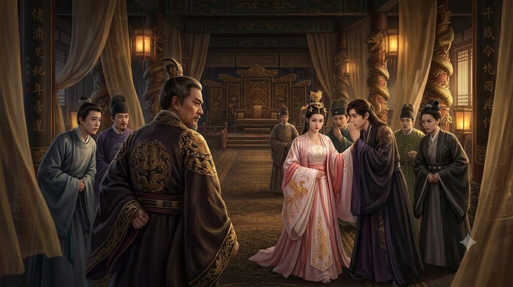 Escena de intriga cortesana en el palacio imperial de la serie ¿Cómo te Atreves?