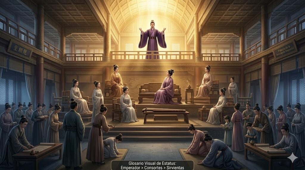 Ilustración de una corte imperial china que muestra la estructura de estatus social con el emperador, consortes y sirvientes en un gran salón.