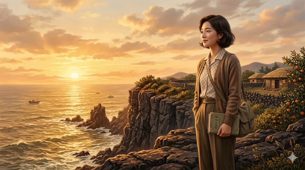 Mujer joven coreana de los años 60 con un libro, contemplando el océano desde un acantilado de Jeju bajo una luz dorada de atardecer.
